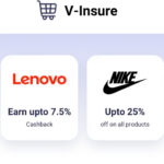 V-Insure promotional banner featuring Lenovo and Nike logos, highlighting cashback offers and discounts on products.