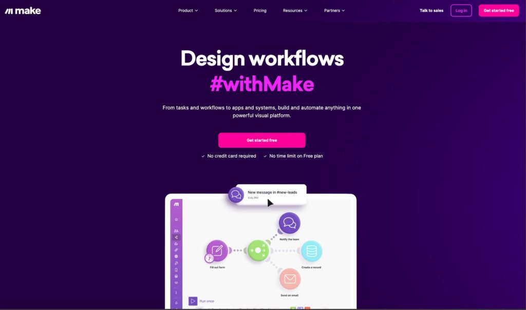 Design interface of Make.com showcasing workflow automation features, with visual elements illustrating task connections and integrations, emphasizing no-code capabilities for streamlining business processes.