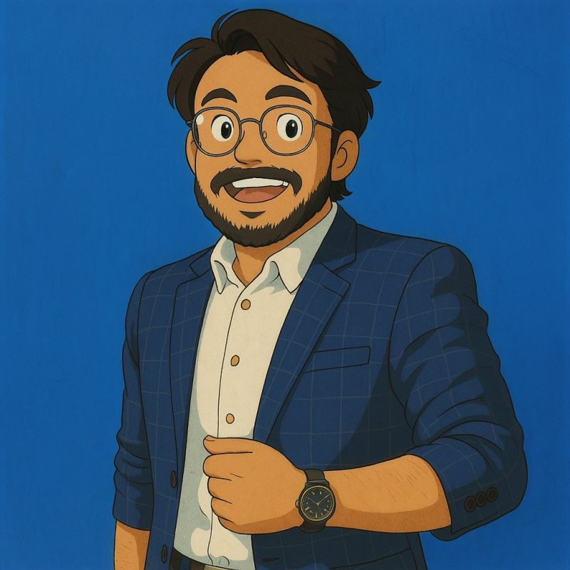 Animated character smiling in a blue background, wearing glasses, a plaid blazer, and a white shirt, symbolizing innovation in insurance analytics.