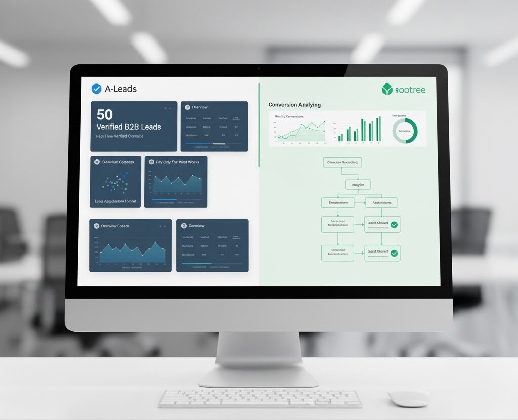 Dashboard displaying A-Leads service metrics, including 50 verified B2B leads, real-time verified contacts, and conversion analysis, alongside Rootree branding.