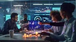Diverse professionals collaborating in a modern workspace with digital sales data visualizations