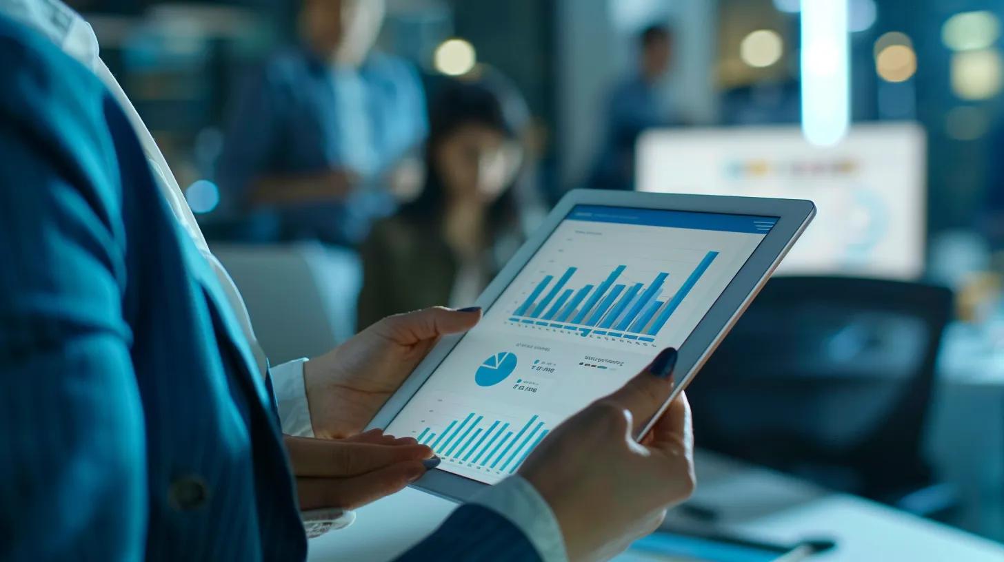 Business professional reviewing performance metrics on a tablet in a collaborative office