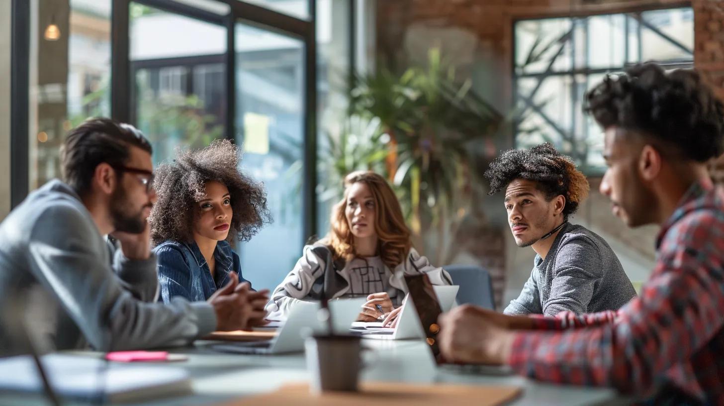 Professionals collaborating in a modern office, focusing on performance analytics