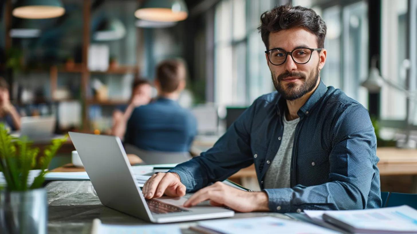 Sales professional analyzing real-time data on a laptop in a collaborative workspace, emphasizing motivation through analytics