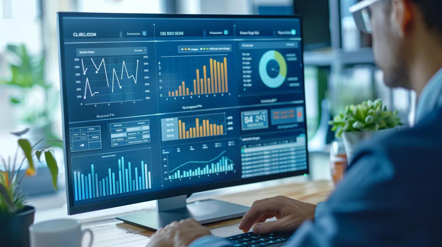 Close-up of a customizable sales dashboard on a computer screen, showcasing performance metrics in a modern office