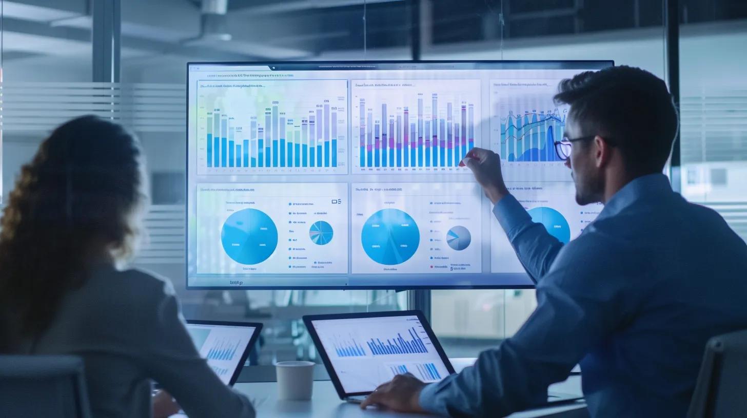 Sales team analyzing data on a large screen in a bright office environment