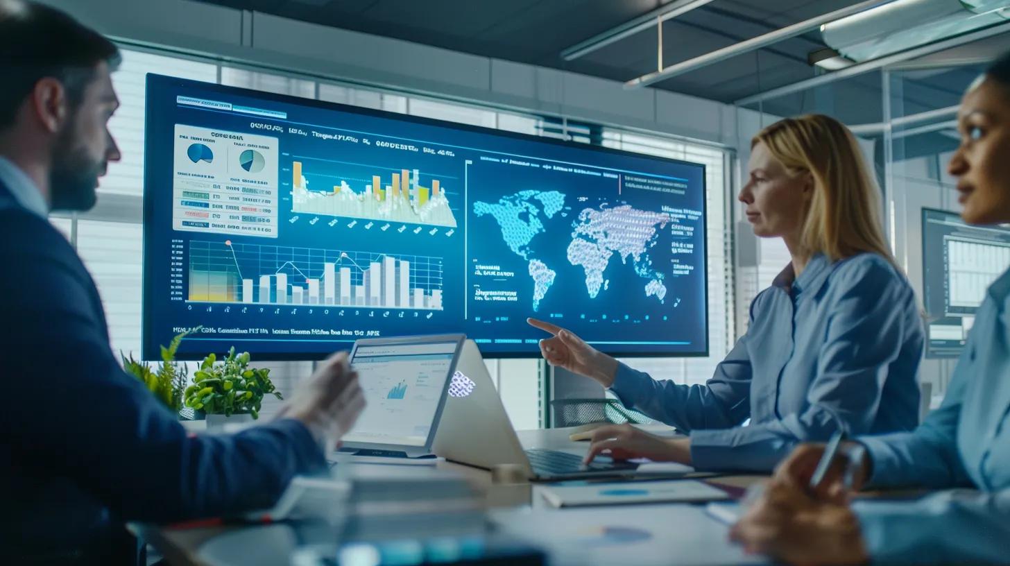 Sales team analyzing real-time performance data in a meeting room, highlighting teamwork and analytics