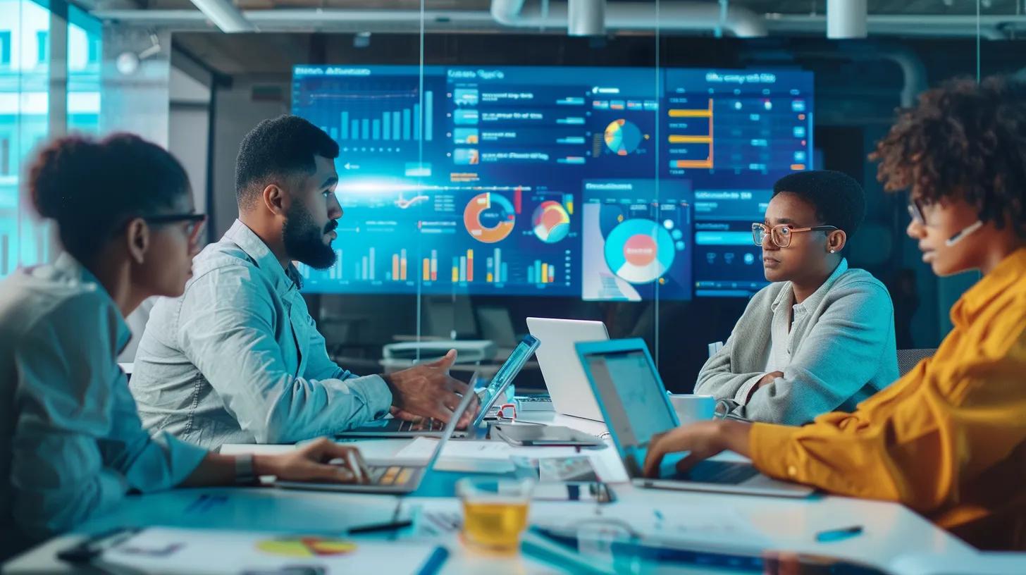 Diverse professionals collaborating in a modern office, analyzing data for AI-driven insights