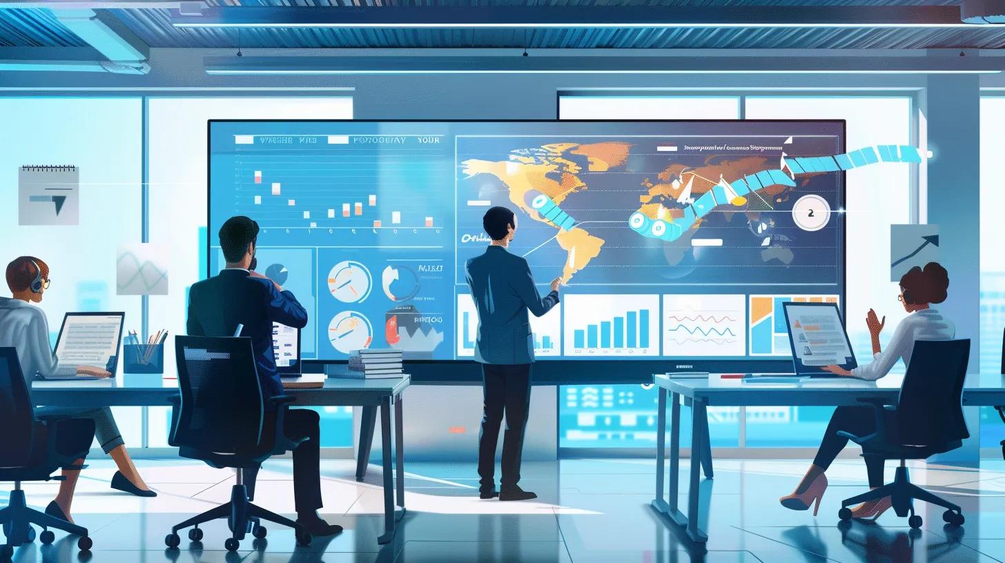 Modern office scene with professionals collaborating on data analytics for operational excellence