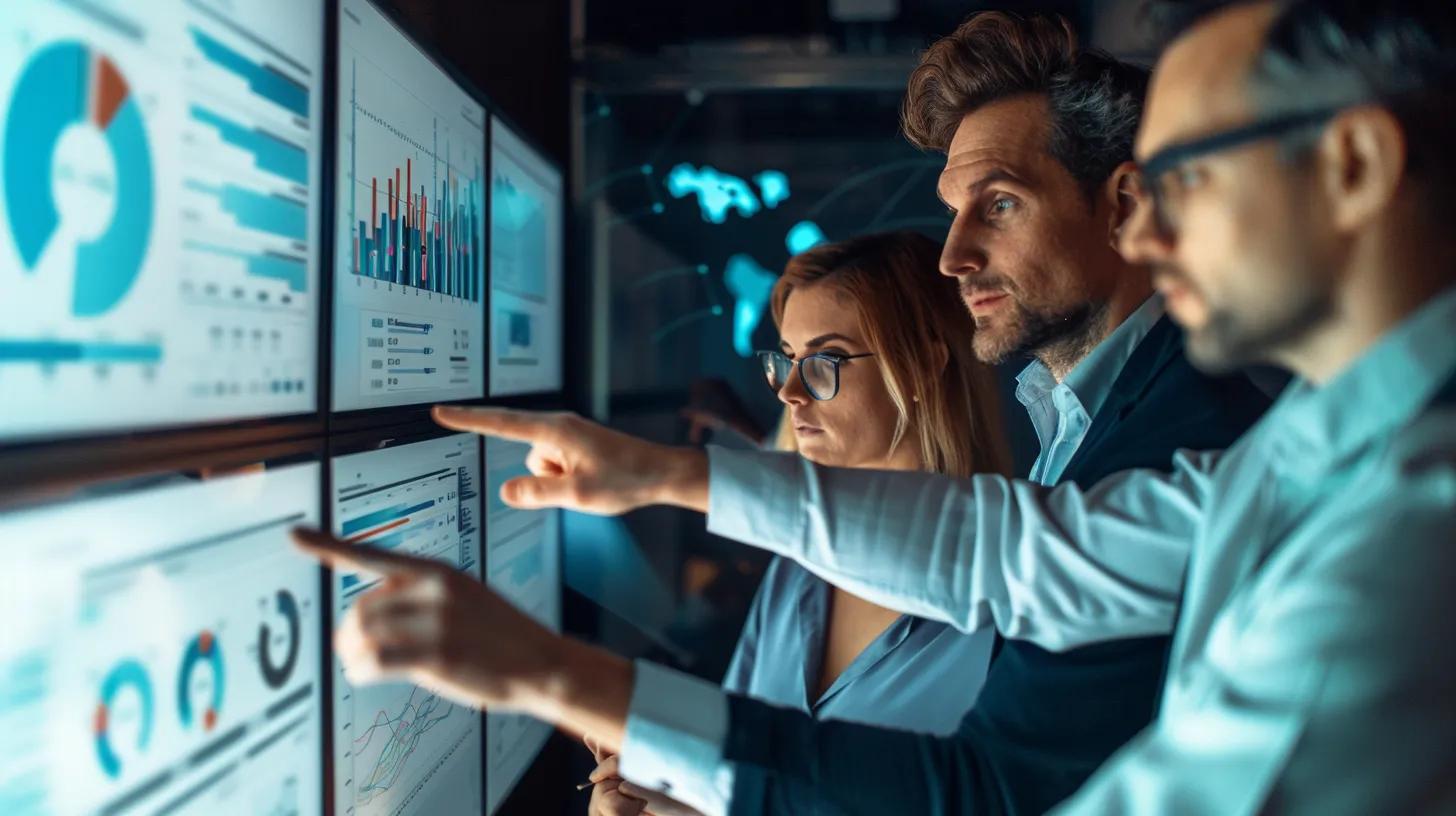 Insurance agents collaborating over a digital dashboard for business intelligence