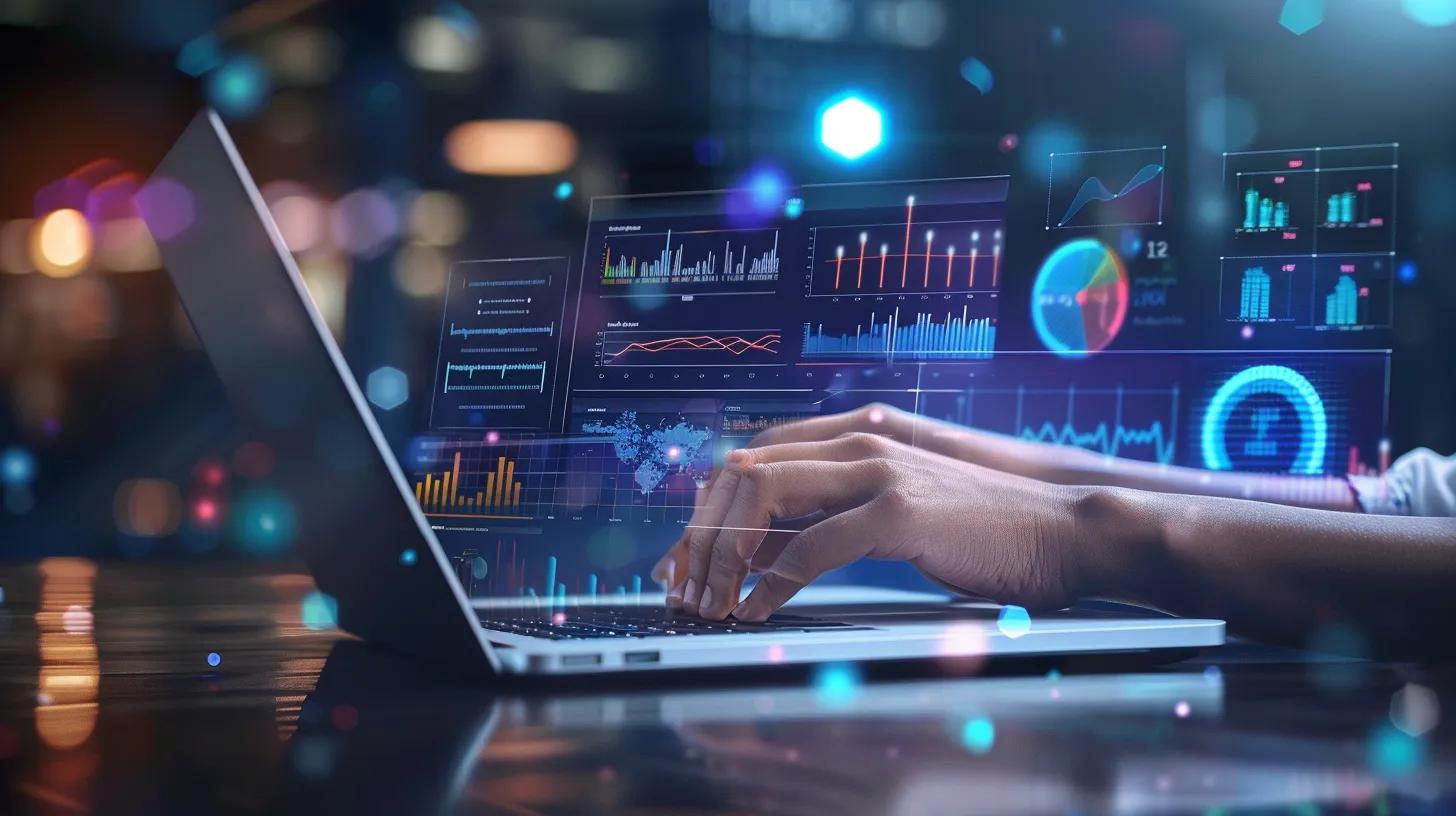 Person analyzing data on a KPI dashboard using business intelligence and SaaS technology