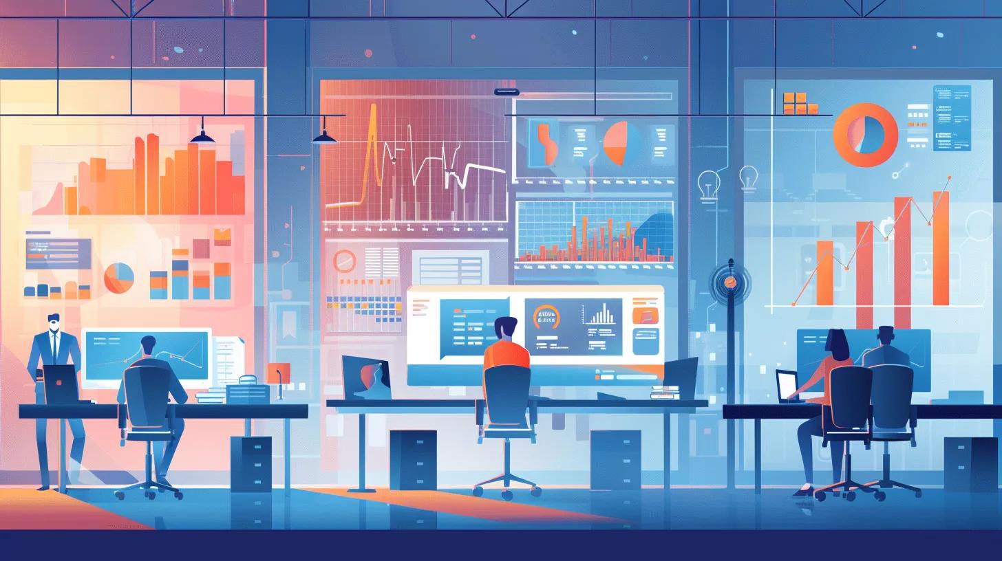 Professionals collaborating in a modern office using realtime performance dashboards for operational visibility
