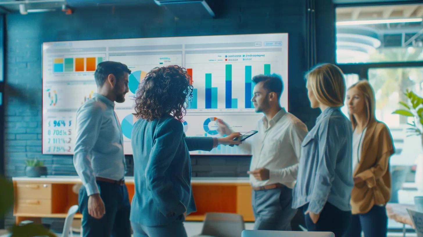 Diverse professionals collaborating on sales performance metrics in a modern office