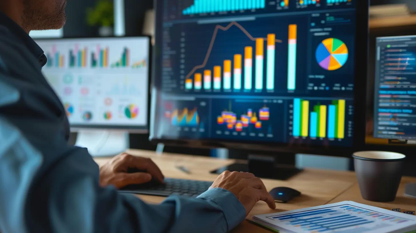 Data analyst creating metrics with visualizations on a computer screen