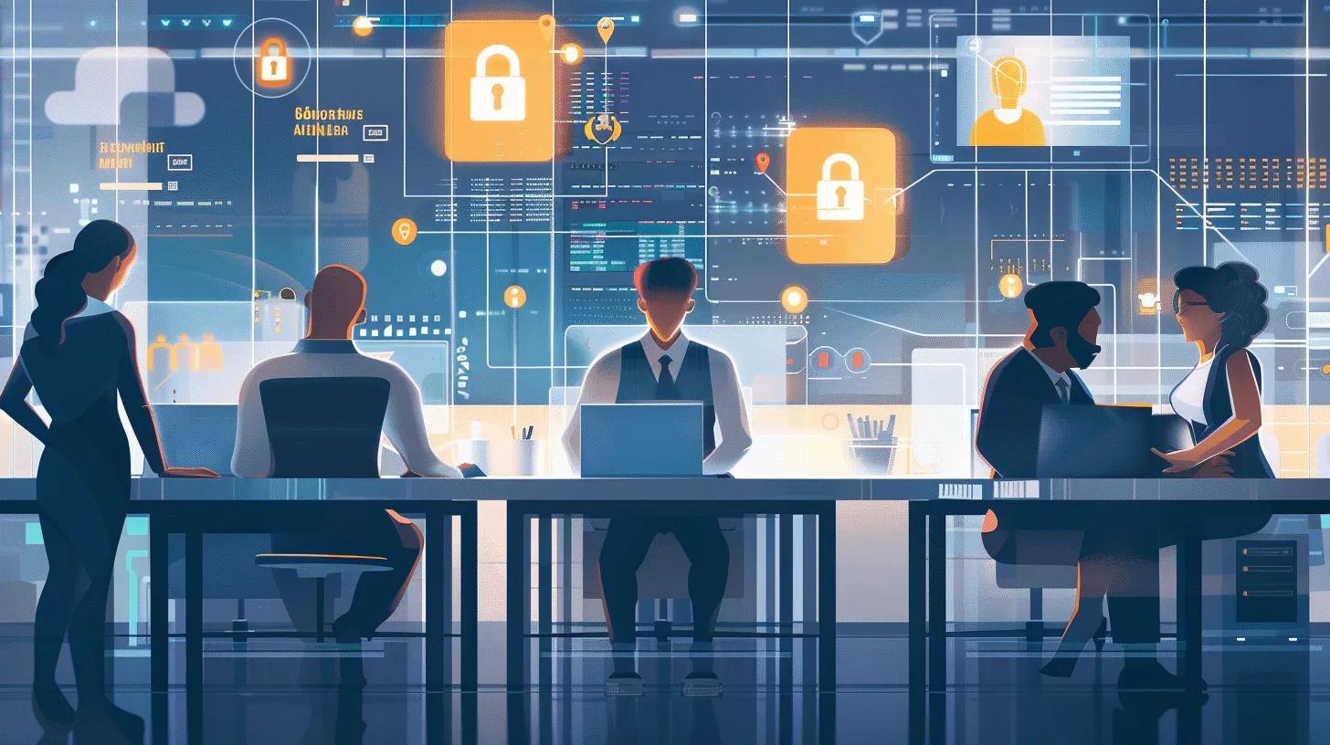 Diverse professionals collaborating in a secure digital environment emphasizing Role-Based Access Control in SaaS analytics