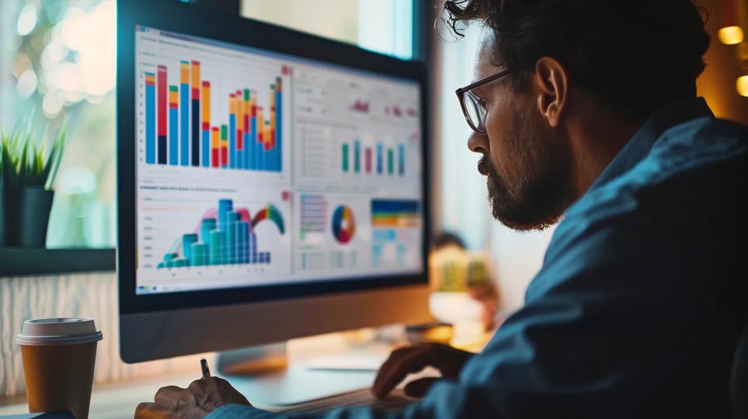 Data analyst creating metrics with visualizations on a computer screen