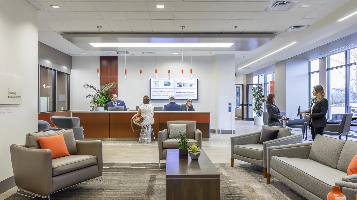 Modern bank branch interior with staff engaging customers, emphasizing analytics and performance improvement