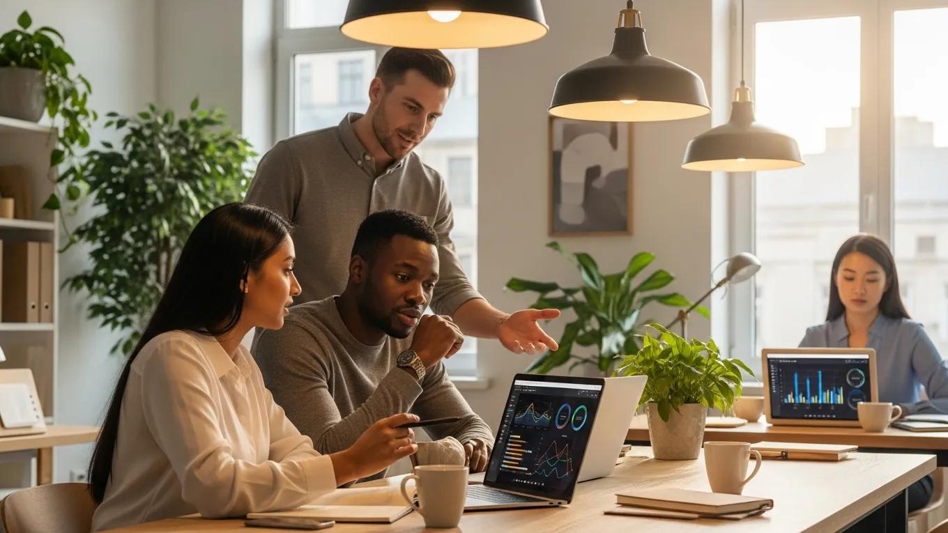 Diverse professionals collaborating on data analytics in a modern office