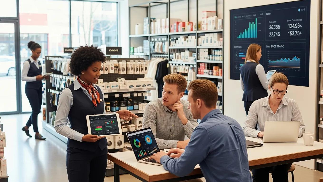 Retail employees analyzing data in a modern store environment